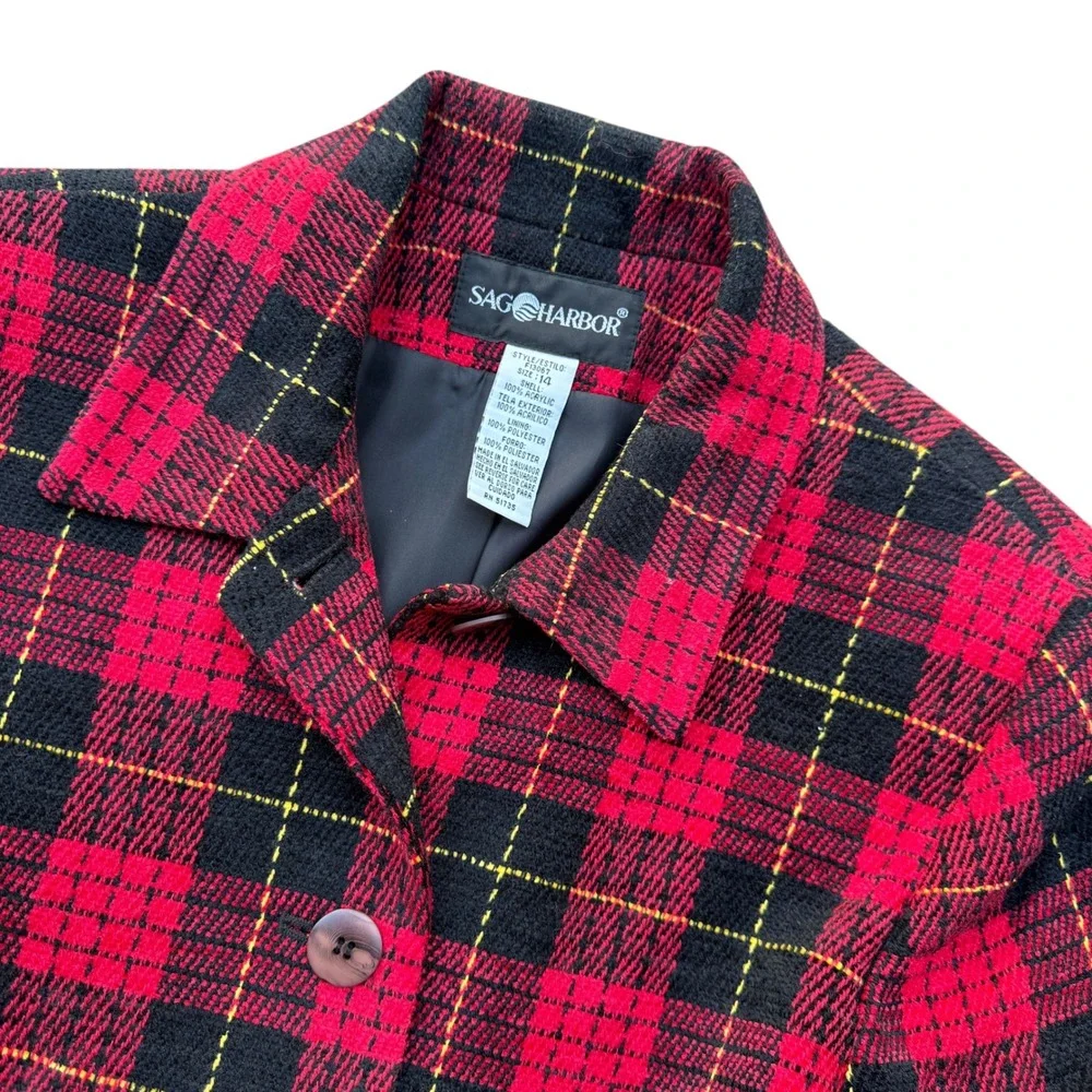 VTG Sag Harbor Red Tartan Plaid Jacket 14 Button Front Lined 90s Classic Preppy